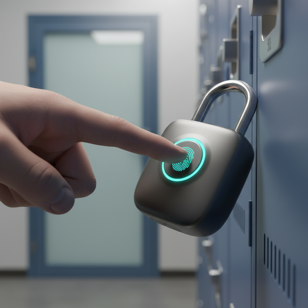 Fingerprint padlock being opened with a finger press