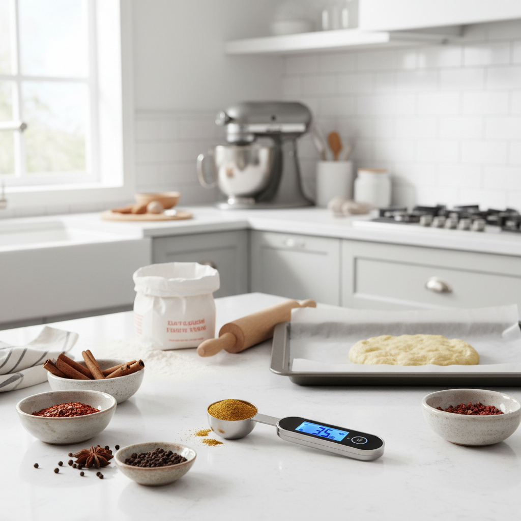 Digital LCD measuring spoon weighing spices on a kitchen counter