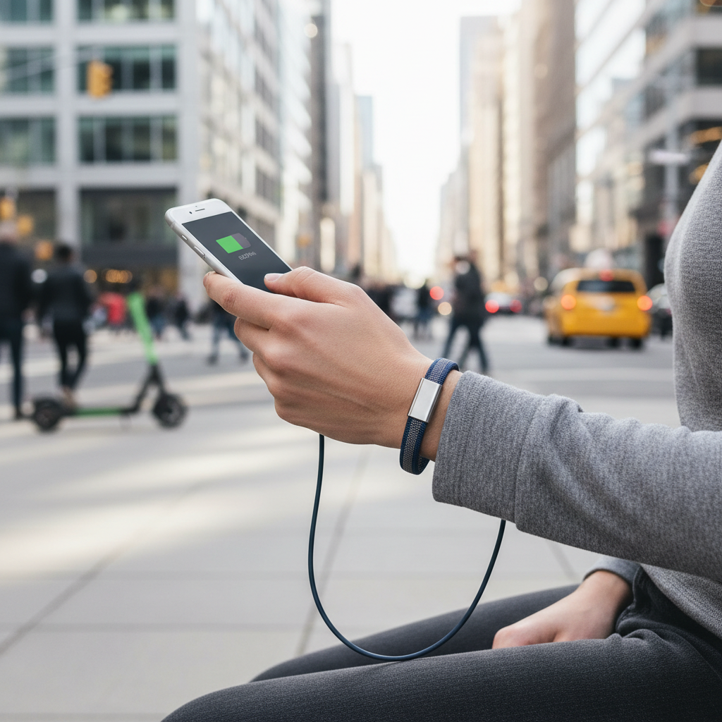 Wearable charging bracelet on wrist charging a smartphone